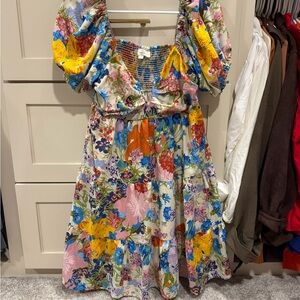 Entro Floral Puff-Sleeve Dress in Multicolor